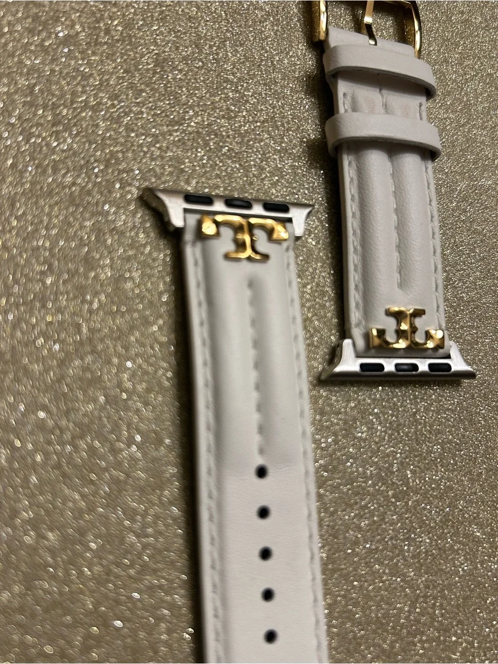 Tory Burch Ivory Leather Apple Watch Band with Gold Logo Hardware